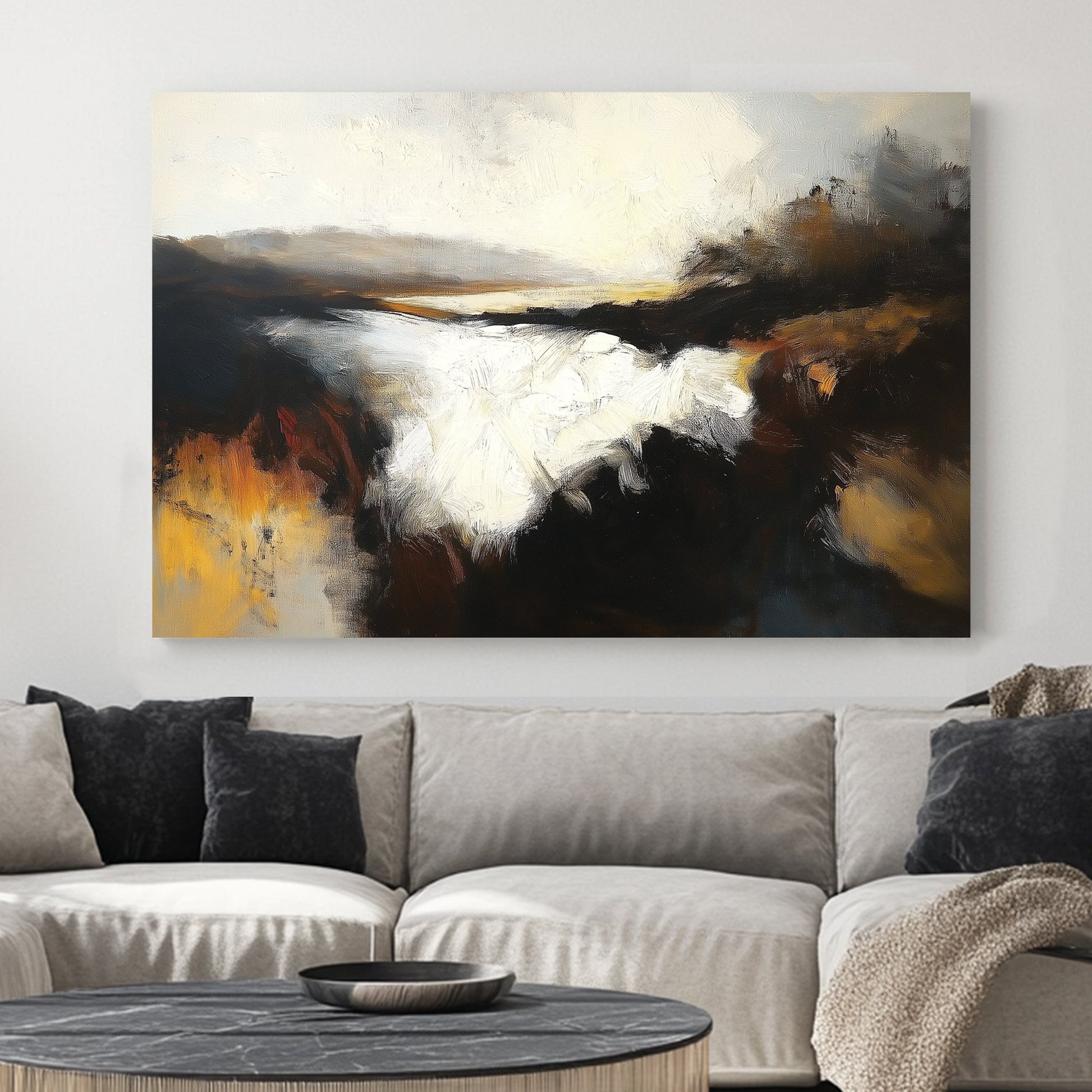 A moody impressionist wall art print of a river at dusk, with deep black and amber tones contrasting against soft whites and golden highlights