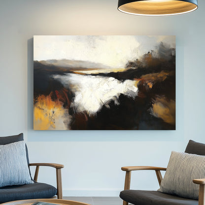 A moody impressionist wall art print of a river at dusk, with deep black and amber tones contrasting against soft whites and golden highlights