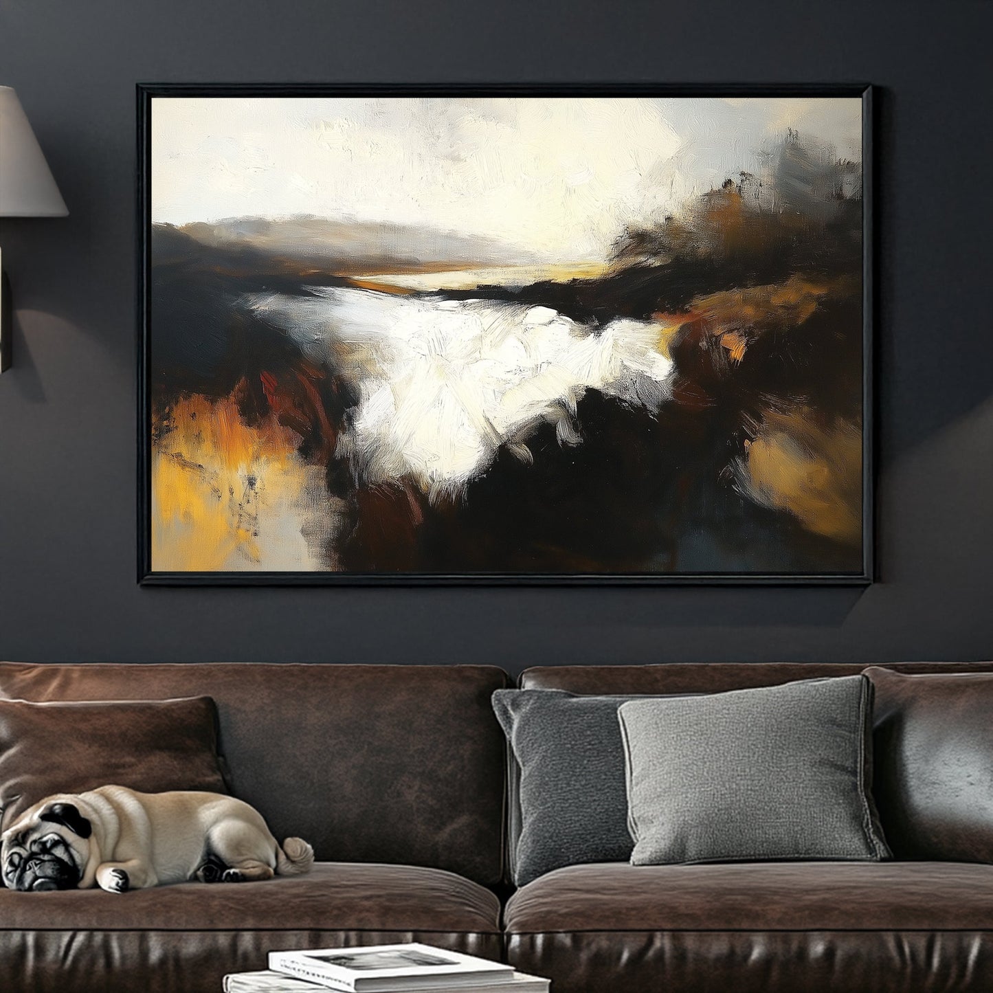 A moody impressionist wall art print of a river at dusk, with deep black and amber tones contrasting against soft whites and golden highlights