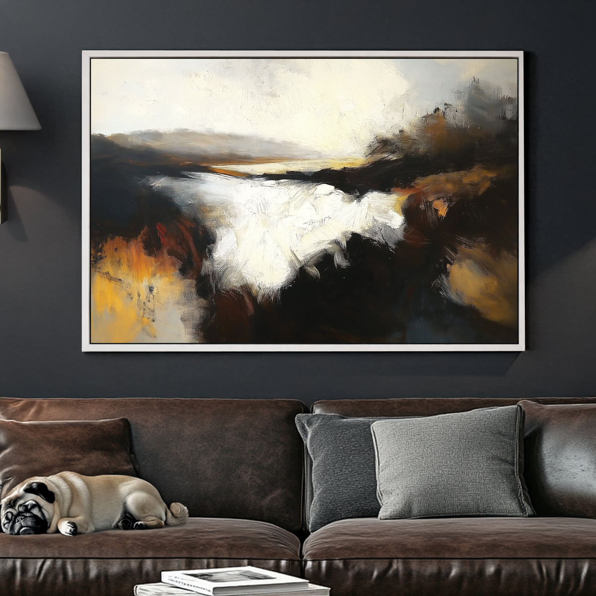 A moody impressionist wall art print of a river at dusk, with deep black and amber tones contrasting against soft whites and golden highlights