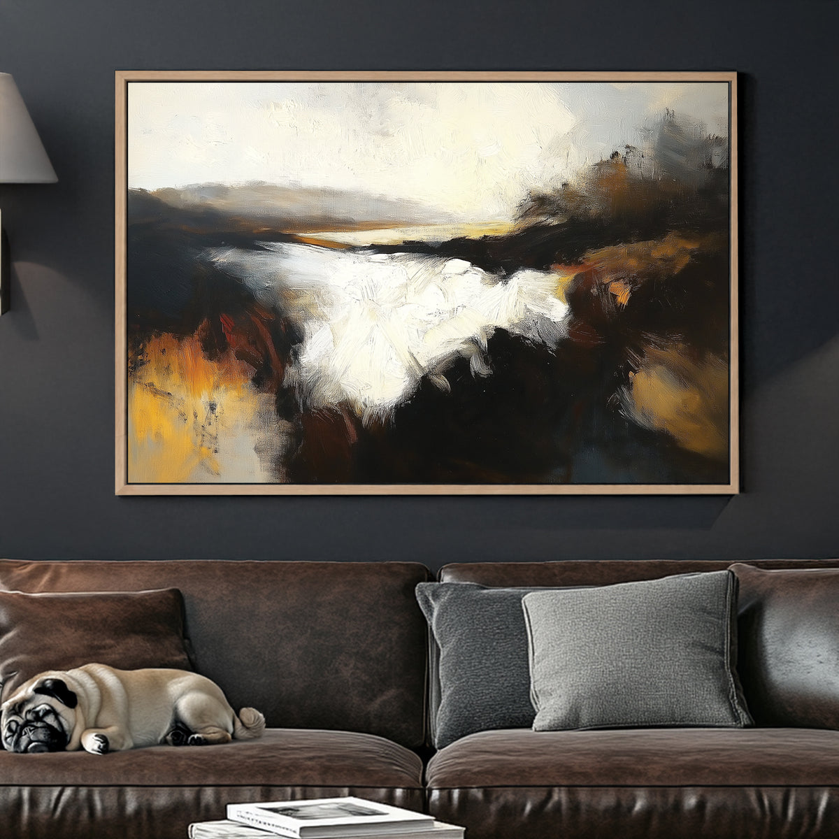 A moody impressionist wall art print of a river at dusk, with deep black and amber tones contrasting against soft whites and golden highlights