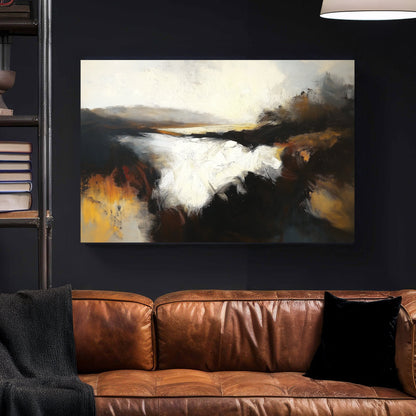 A moody impressionist wall art print of a river at dusk, with deep black and amber tones contrasting against soft whites and golden highlights