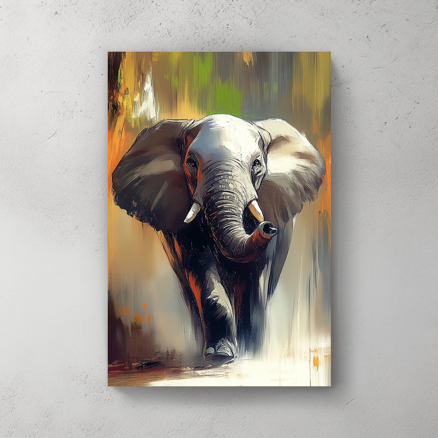 A dynamic expressionist wall art print of an elephant walking forward, with textured brushstrokes in warm earthy tones of burnt orange, grey, and gold