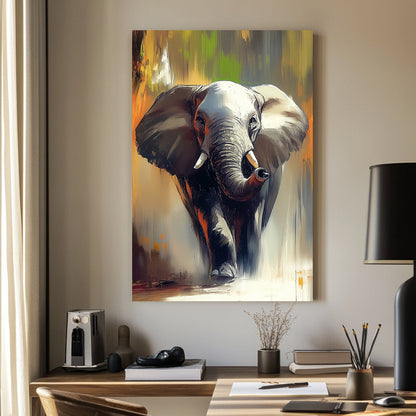 A dynamic expressionist wall art print of an elephant walking forward, with textured brushstrokes in warm earthy tones of burnt orange, grey, and gold