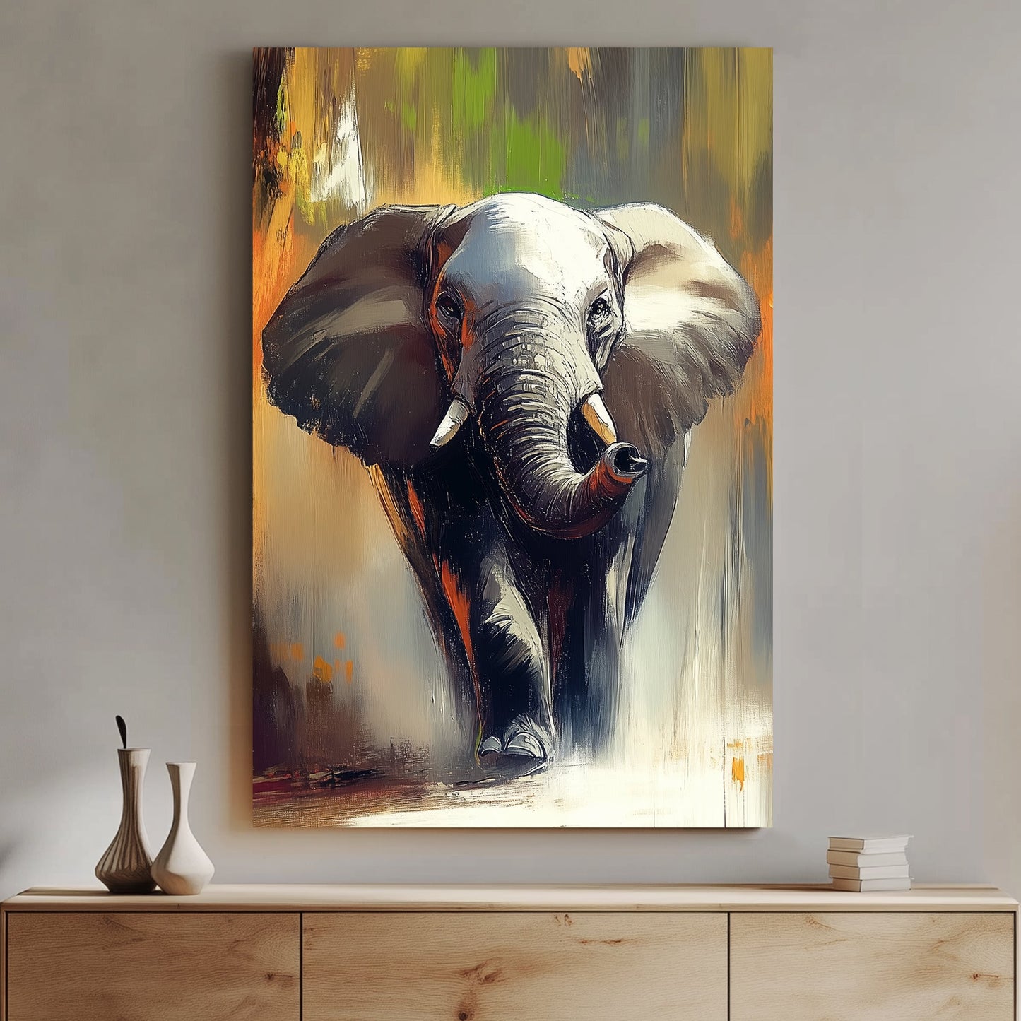 A dynamic expressionist wall art print of an elephant walking forward, with textured brushstrokes in warm earthy tones of burnt orange, grey, and gold