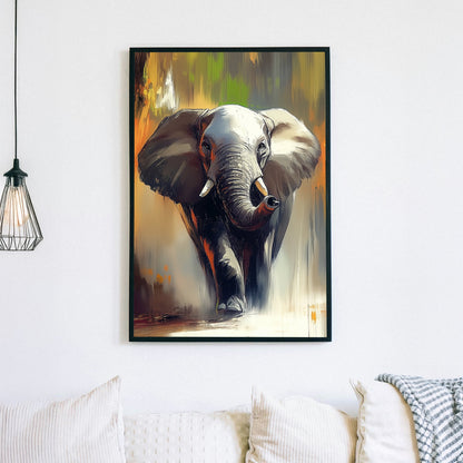 A dynamic expressionist wall art print of an elephant walking forward, with textured brushstrokes in warm earthy tones of burnt orange, grey, and gold