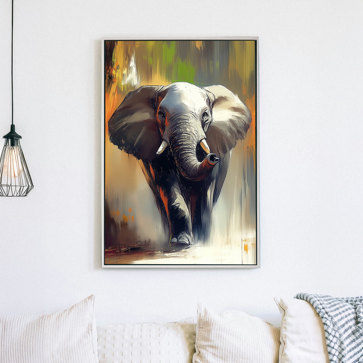 A dynamic expressionist wall art print of an elephant walking forward, with textured brushstrokes in warm earthy tones of burnt orange, grey, and gold