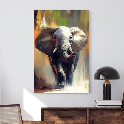 A dynamic expressionist wall art print of an elephant walking forward, with textured brushstrokes in warm earthy tones of burnt orange, grey, and gold