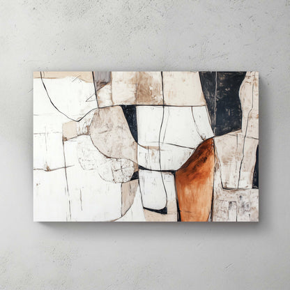 A textured abstract wall art print featuring geometric shapes in beige, black, and white with bold linework and earthy tones