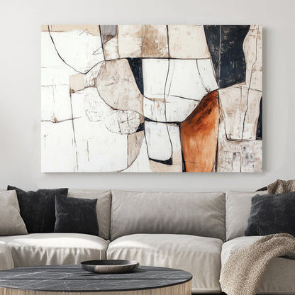 A textured abstract wall art print featuring geometric shapes in beige, black, and white with bold linework and earthy tones