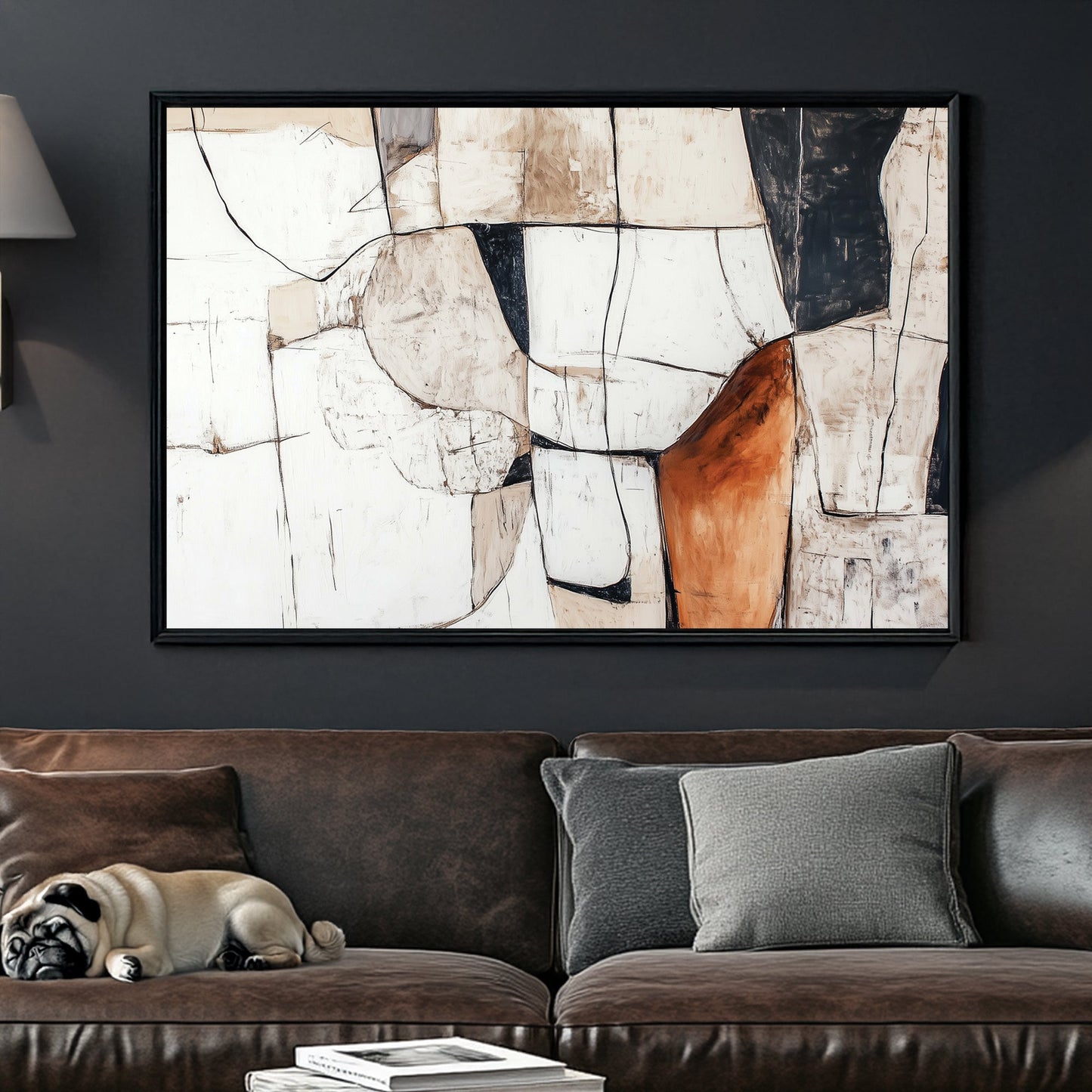 A textured abstract wall art print featuring geometric shapes in beige, black, and white with bold linework and earthy tones