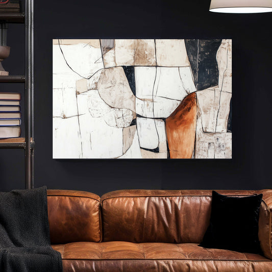 A textured abstract wall art print featuring geometric shapes in beige, black, and white with bold linework and earthy tones