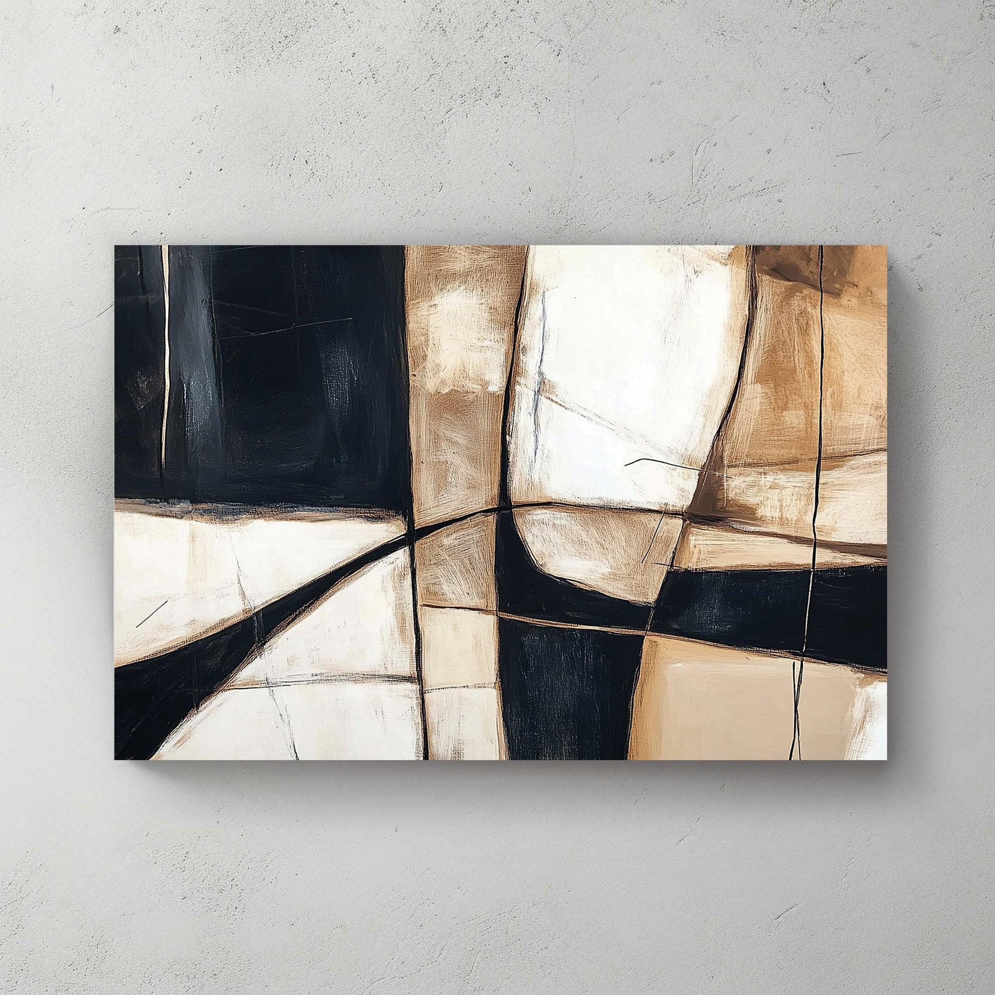 A modern abstract wall art print with geometric shapes in black, beige, and white, featuring bold linework and textured brushstrokes