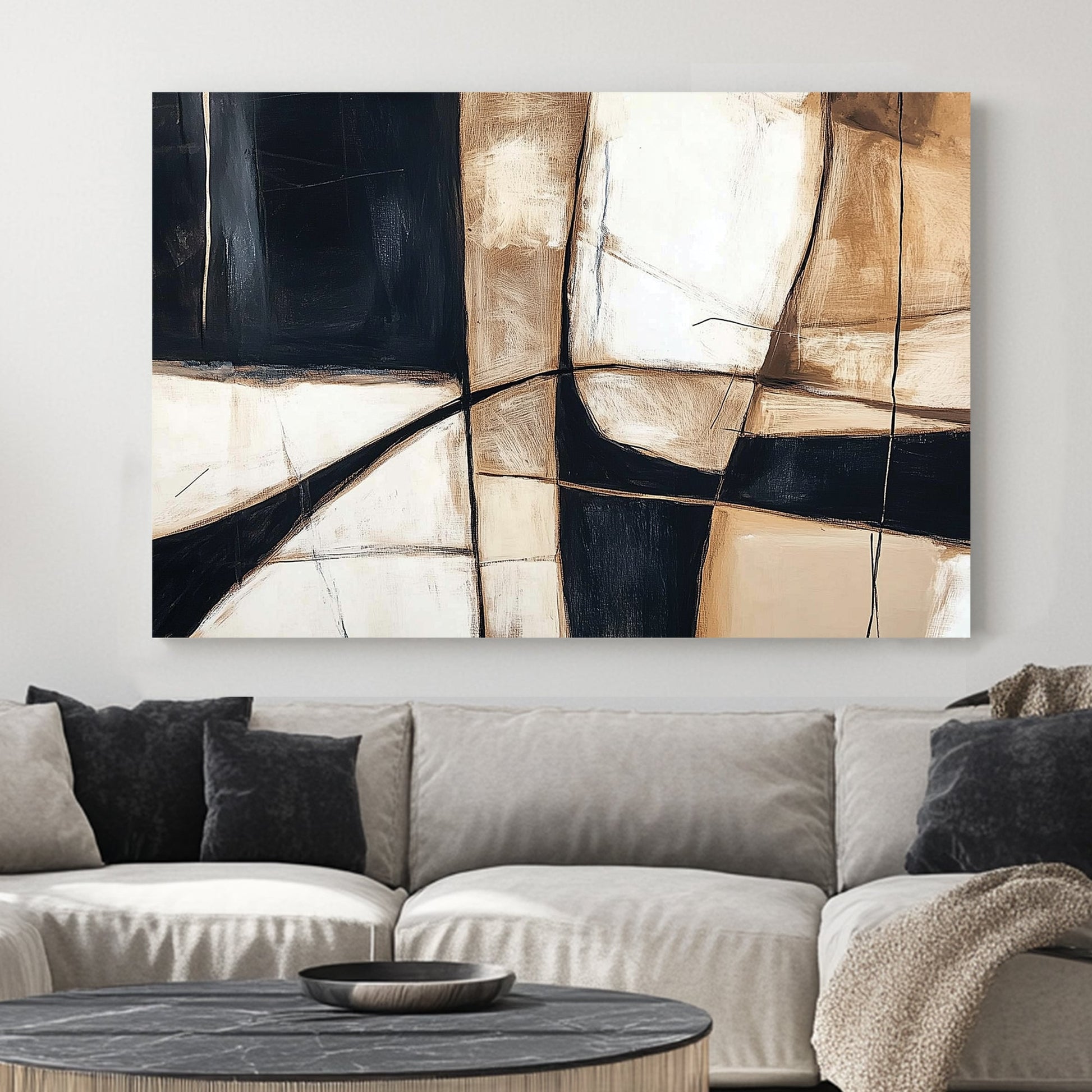 A modern abstract wall art print with geometric shapes in black, beige, and white, featuring bold linework and textured brushstrokes