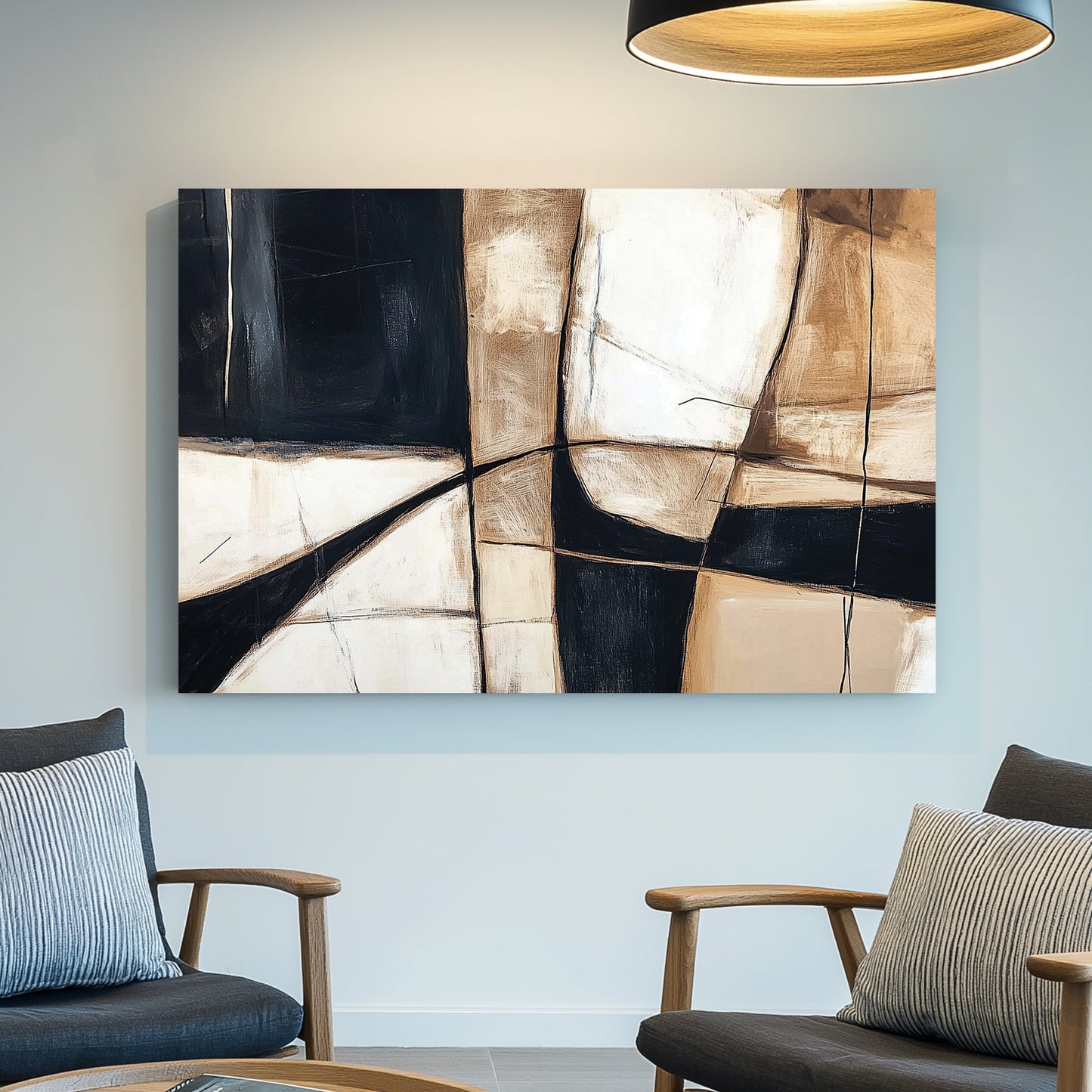 A modern abstract wall art print with geometric shapes in black, beige, and white, featuring bold linework and textured brushstrokes