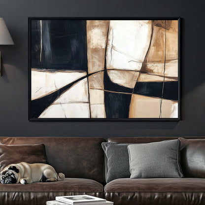 A modern abstract wall art print with geometric shapes in black, beige, and white, featuring bold linework and textured brushstrokes