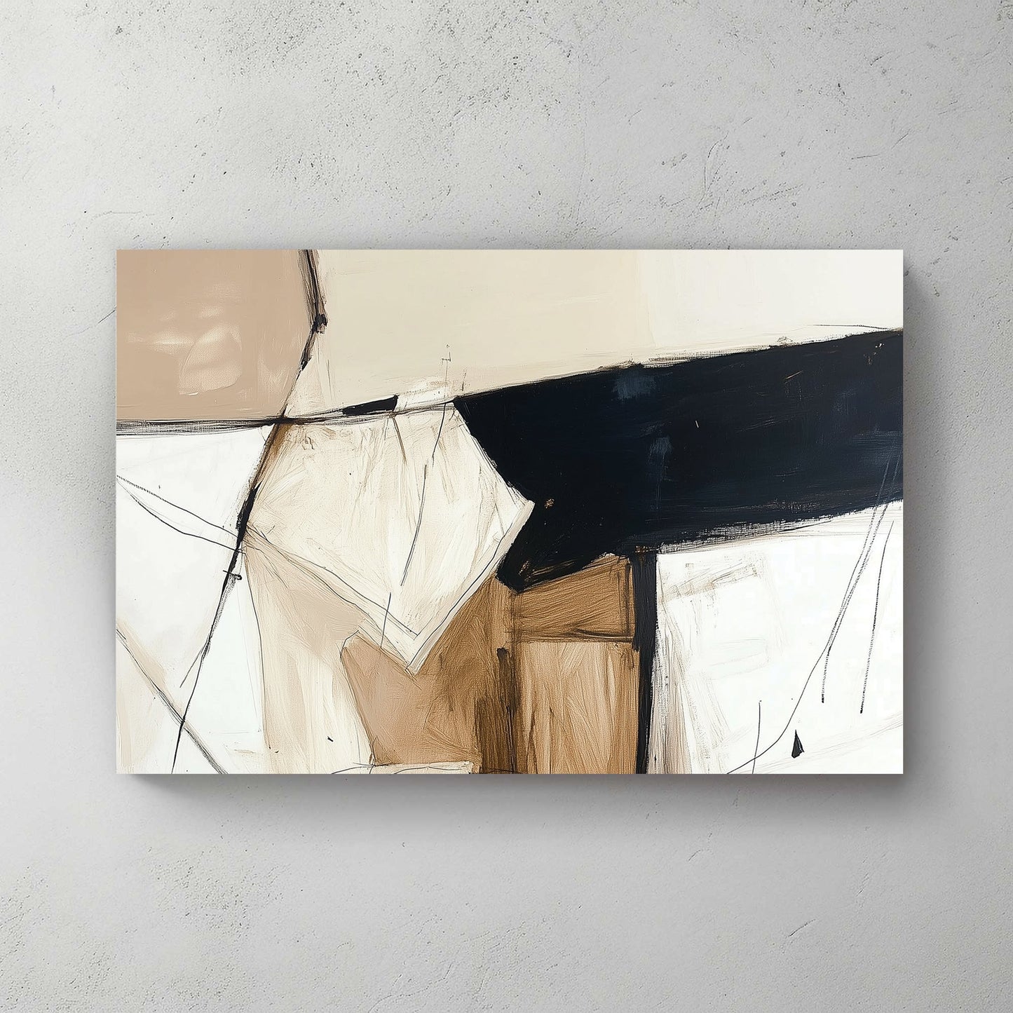 A modern abstract wall art print with geometric forms, bold black strokes, and textured beige and brown hues, featuring expressive line work