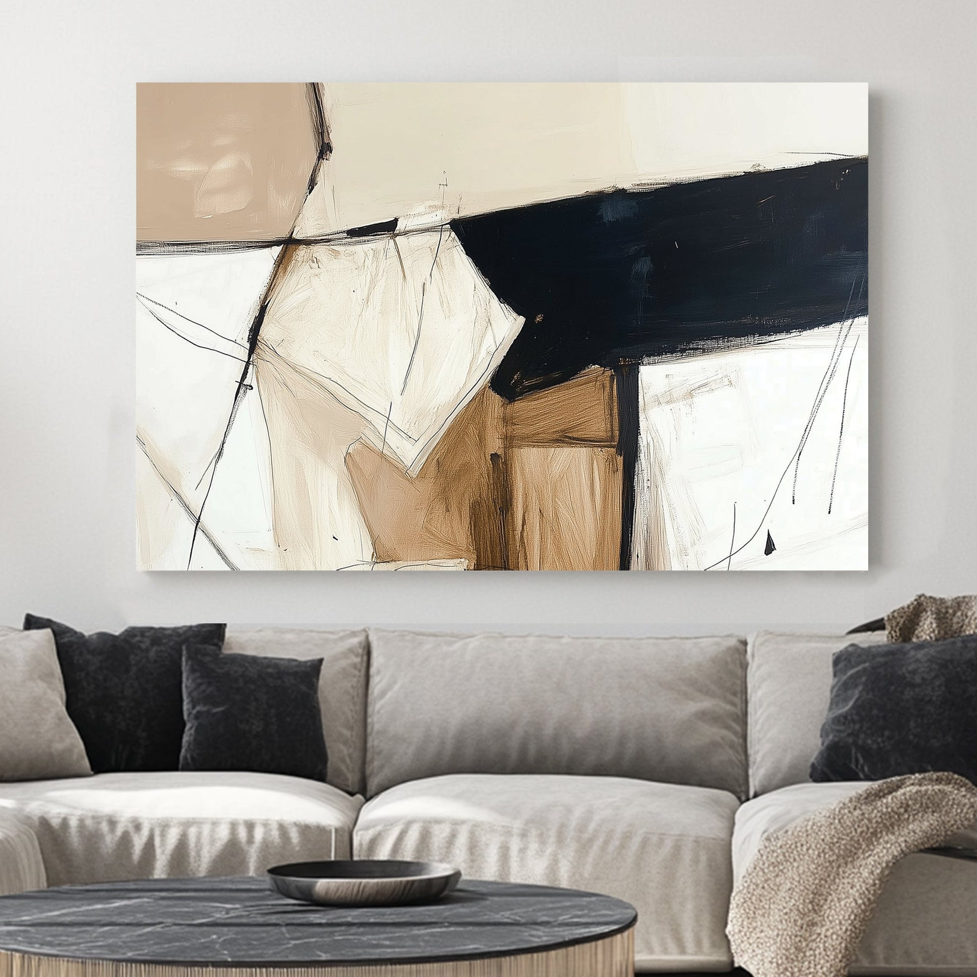 A modern abstract wall art print with geometric forms, bold black strokes, and textured beige and brown hues, featuring expressive line work