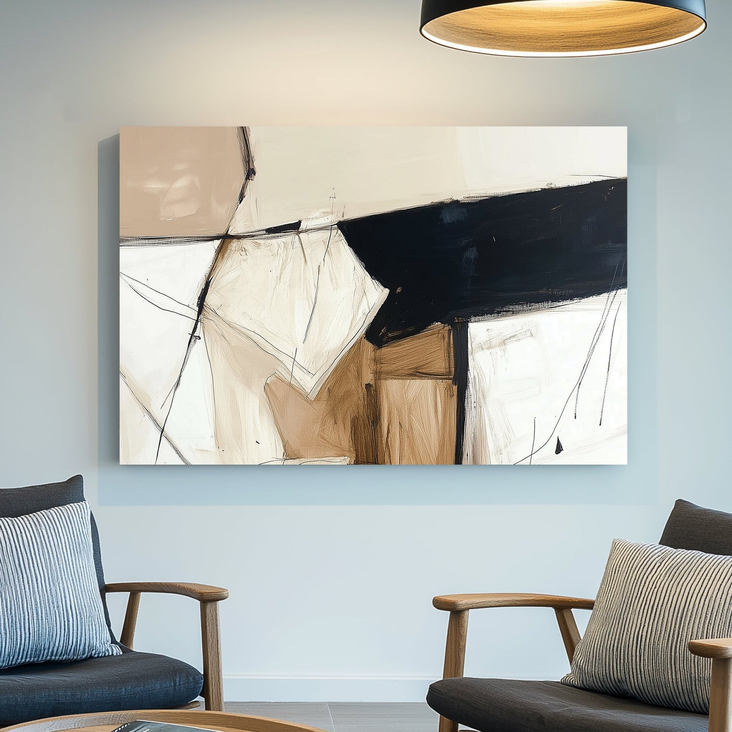 A modern abstract wall art print with geometric forms, bold black strokes, and textured beige and brown hues, featuring expressive line work