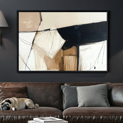 A modern abstract wall art print with geometric forms, bold black strokes, and textured beige and brown hues, featuring expressive line work