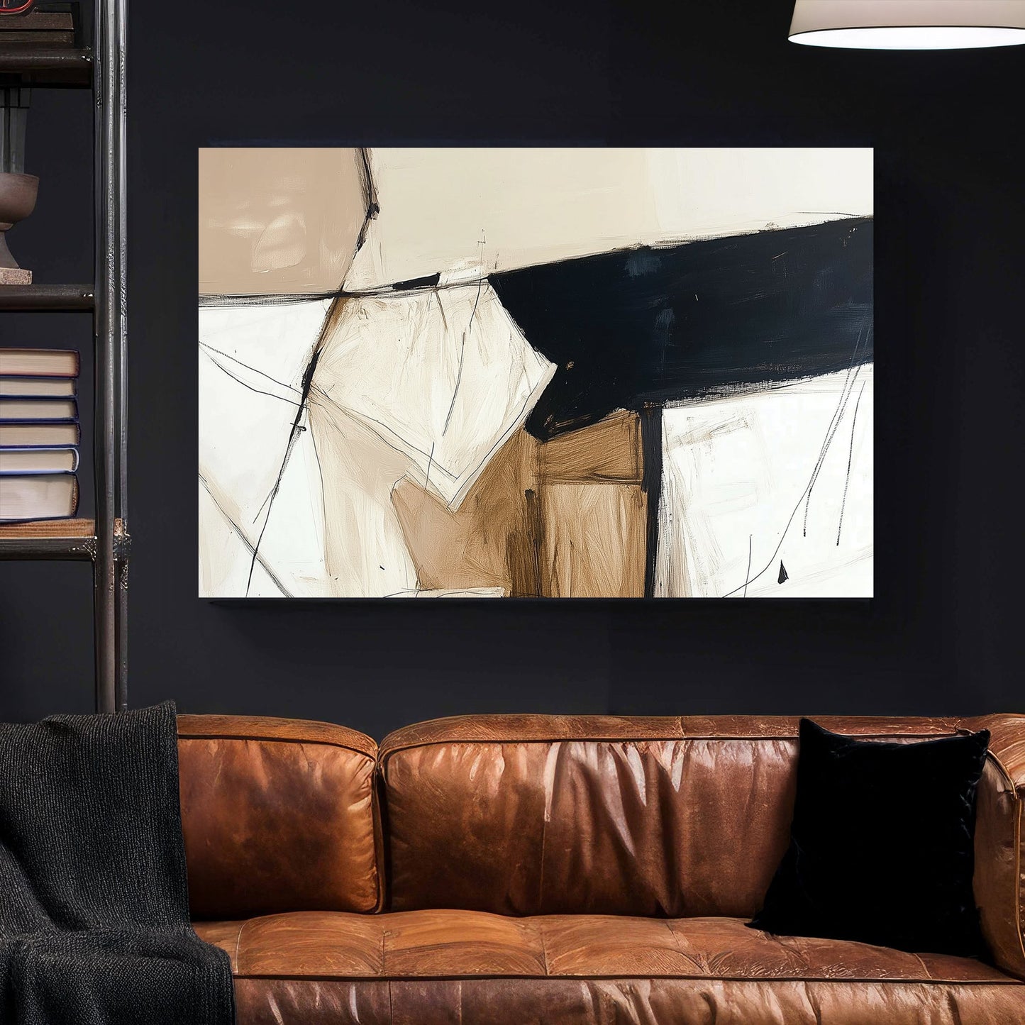 A modern abstract wall art print with geometric forms, bold black strokes, and textured beige and brown hues, featuring expressive line work