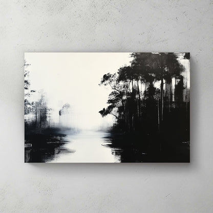 A black and white wall art print of a misty forest reflecting on calm waters, with an abstract and minimalistic touch