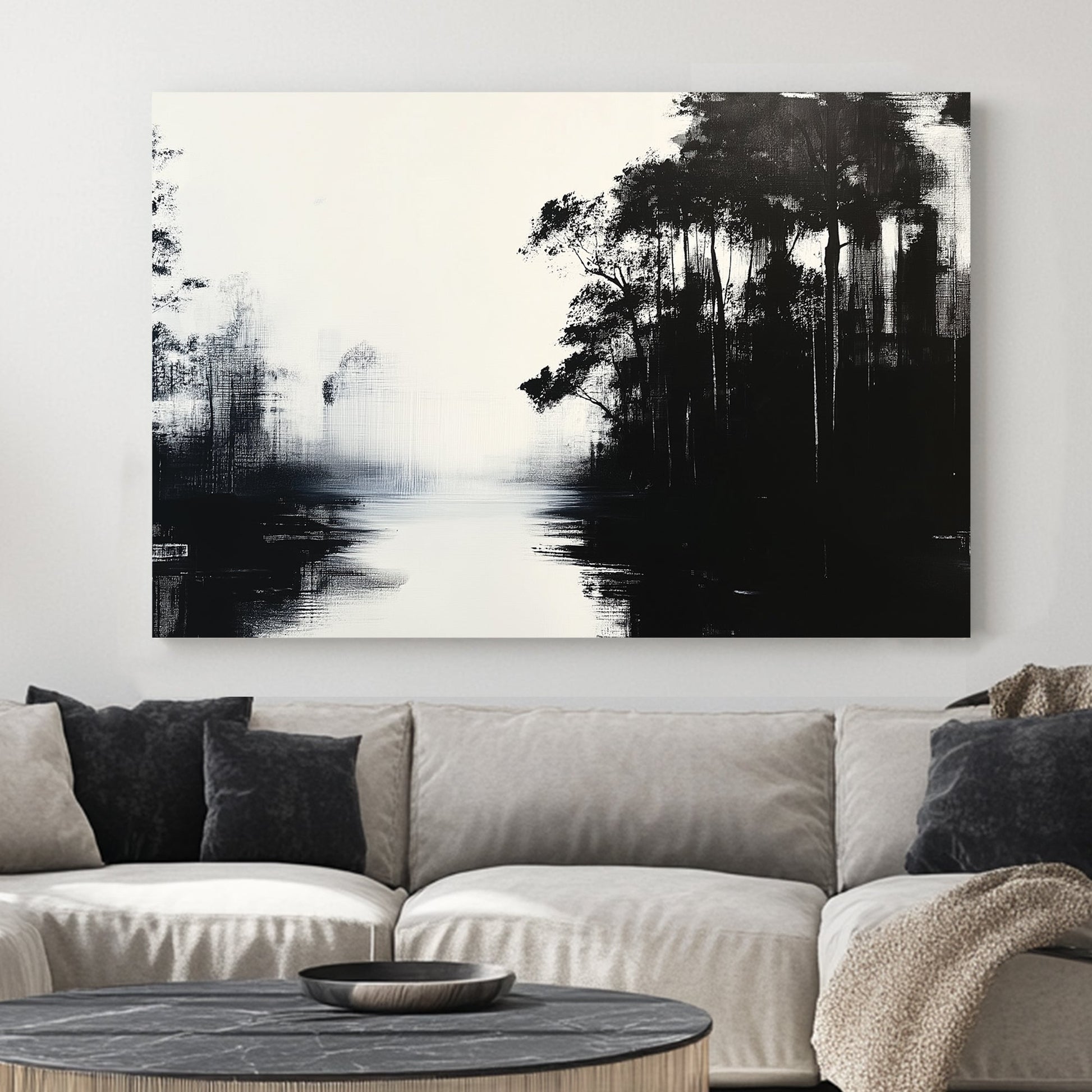 A black and white wall art print of a misty forest reflecting on calm waters, with an abstract and minimalistic touch