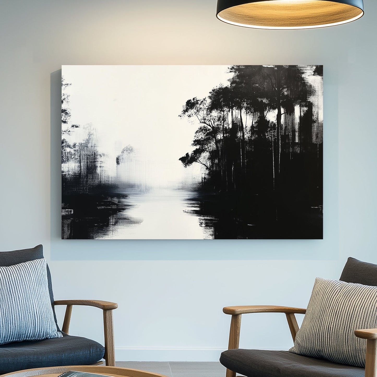 A black and white wall art print of a misty forest reflecting on calm waters, with an abstract and minimalistic touch