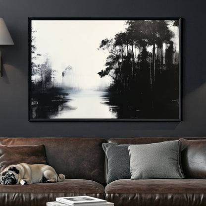 A black and white wall art print of a misty forest reflecting on calm waters, with an abstract and minimalistic touch