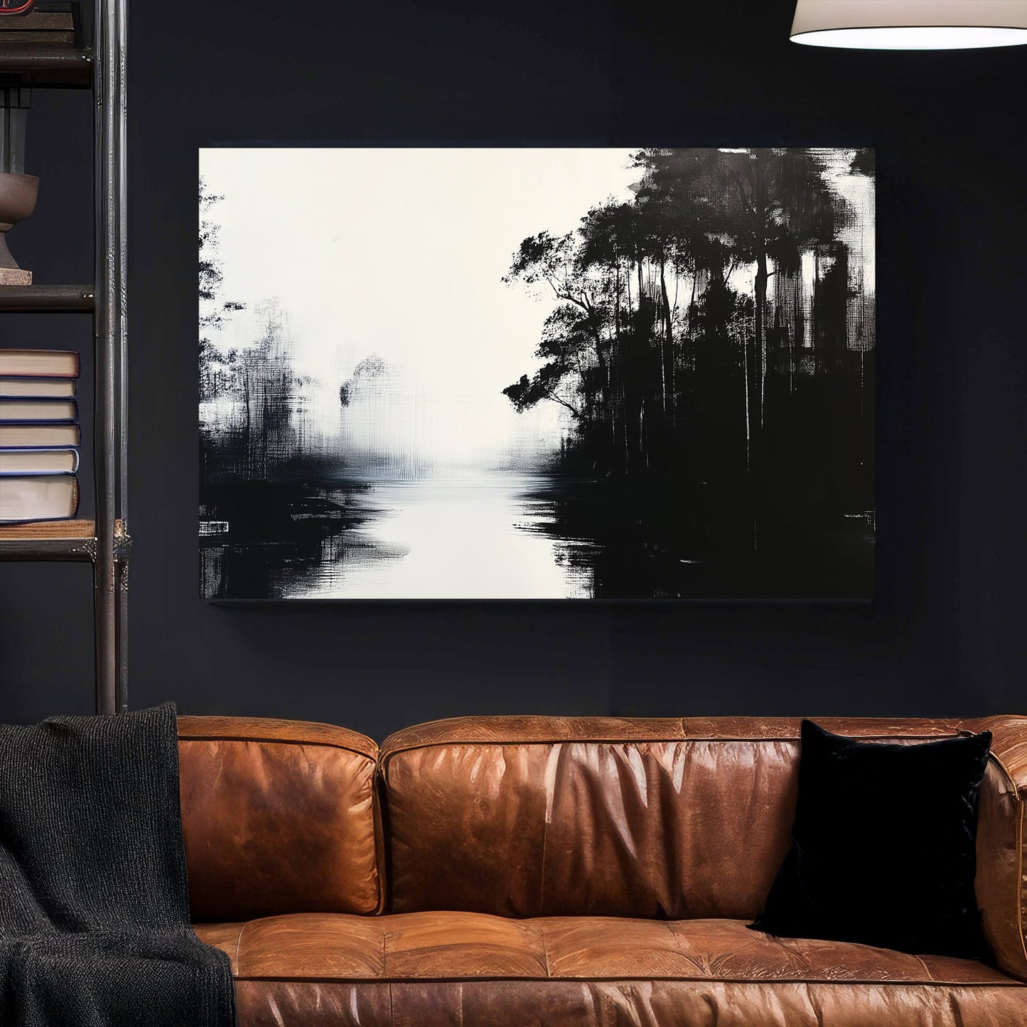 A black and white wall art print of a misty forest reflecting on calm waters, with an abstract and minimalistic touch