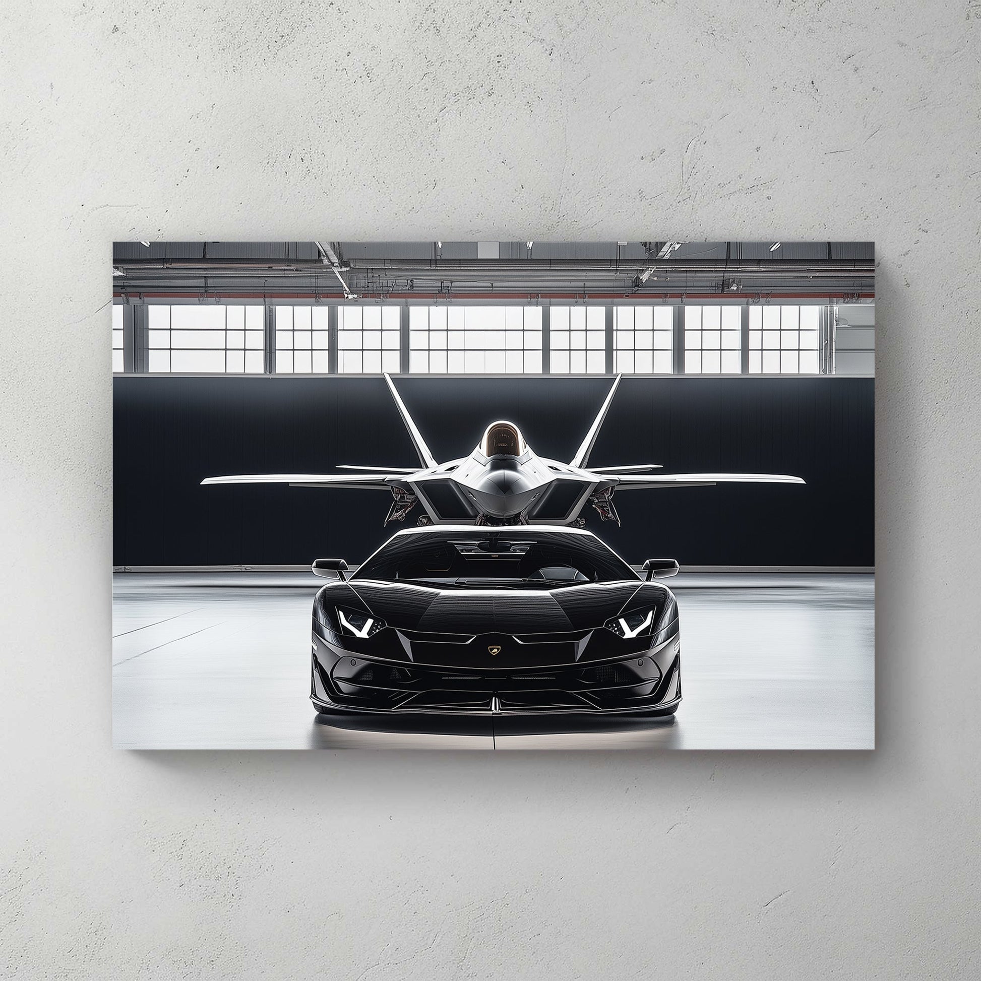 A hyper-realistic digital wall art print of a black Lamborghini and a stealth fighter jet perfectly aligned in an industrial hangar, emphasizing speed, power, and precision