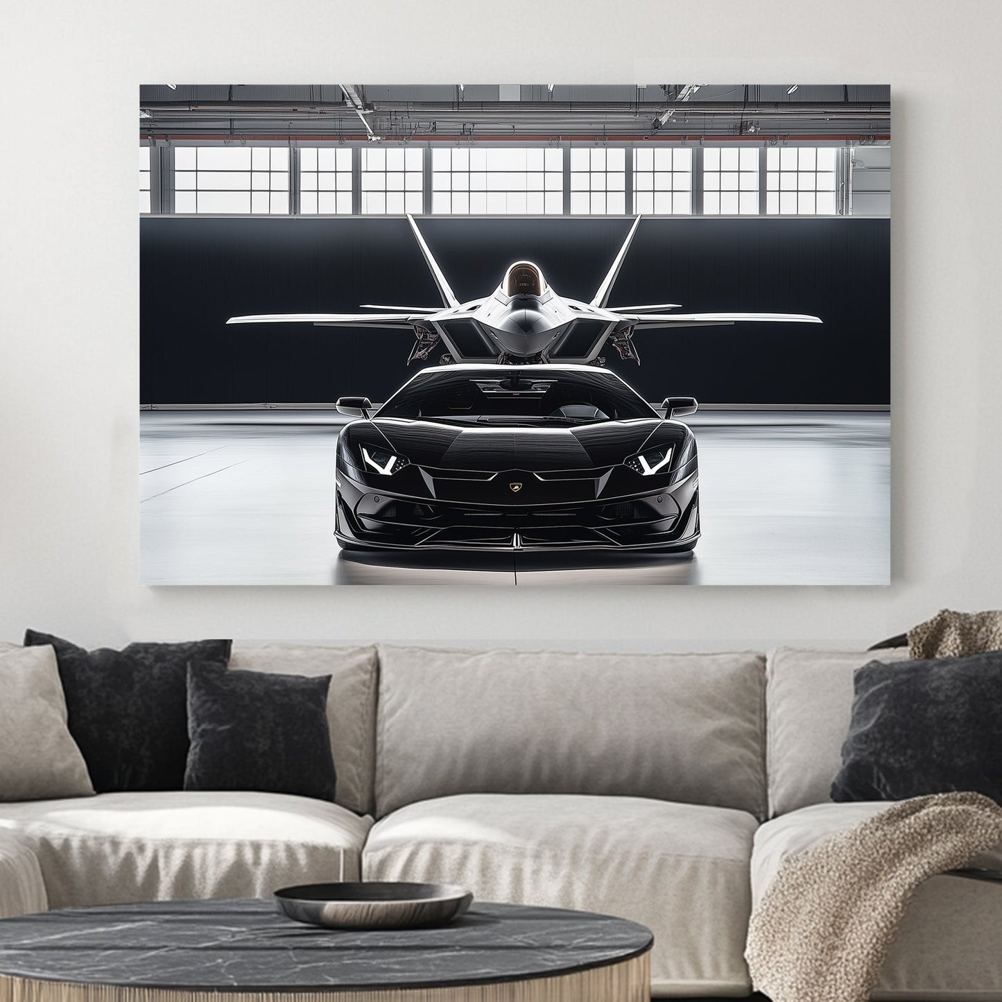 A hyper-realistic digital wall art print of a black Lamborghini and a stealth fighter jet perfectly aligned in an industrial hangar, emphasizing speed, power, and precision