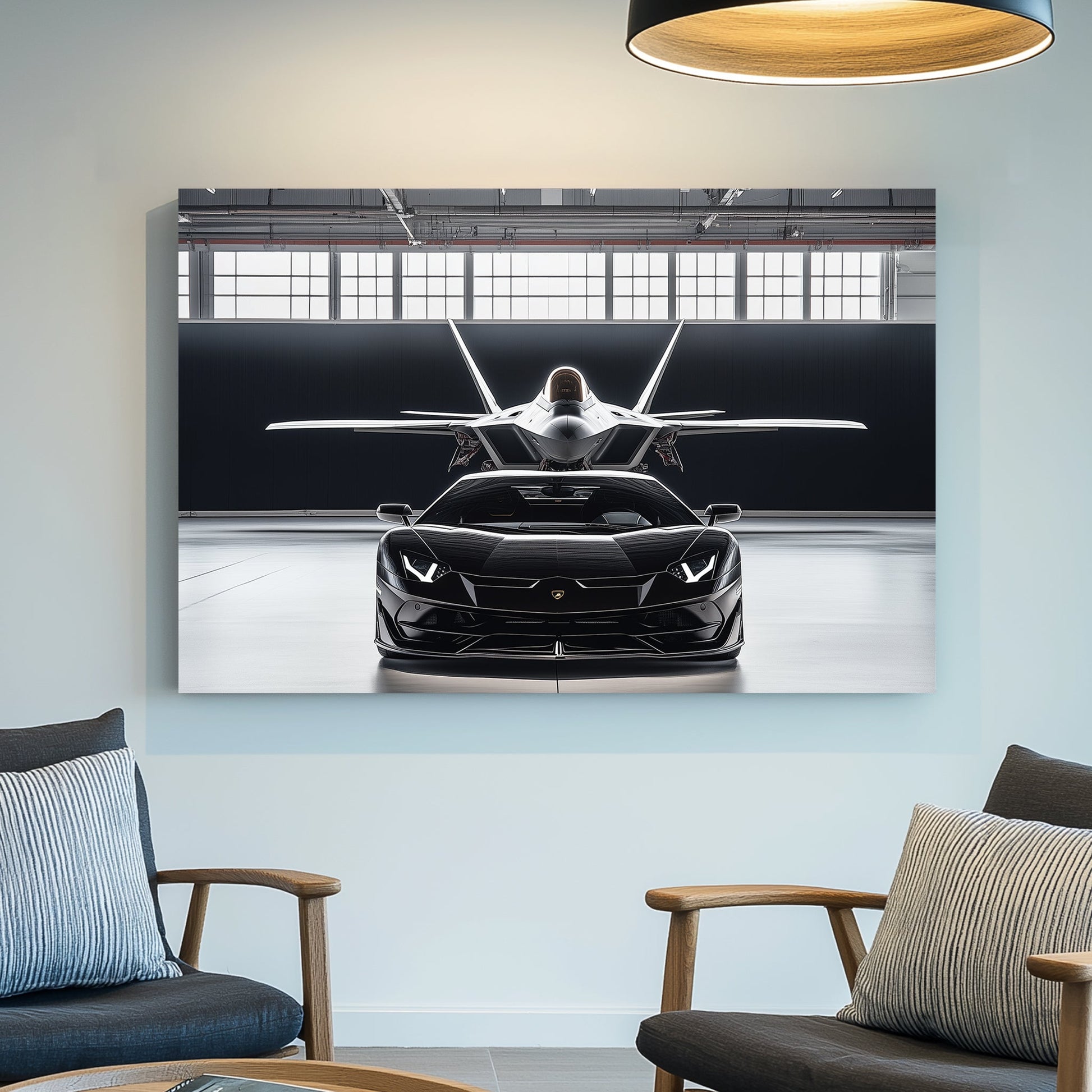 A hyper-realistic digital wall art print of a black Lamborghini and a stealth fighter jet perfectly aligned in an industrial hangar, emphasizing speed, power, and precision