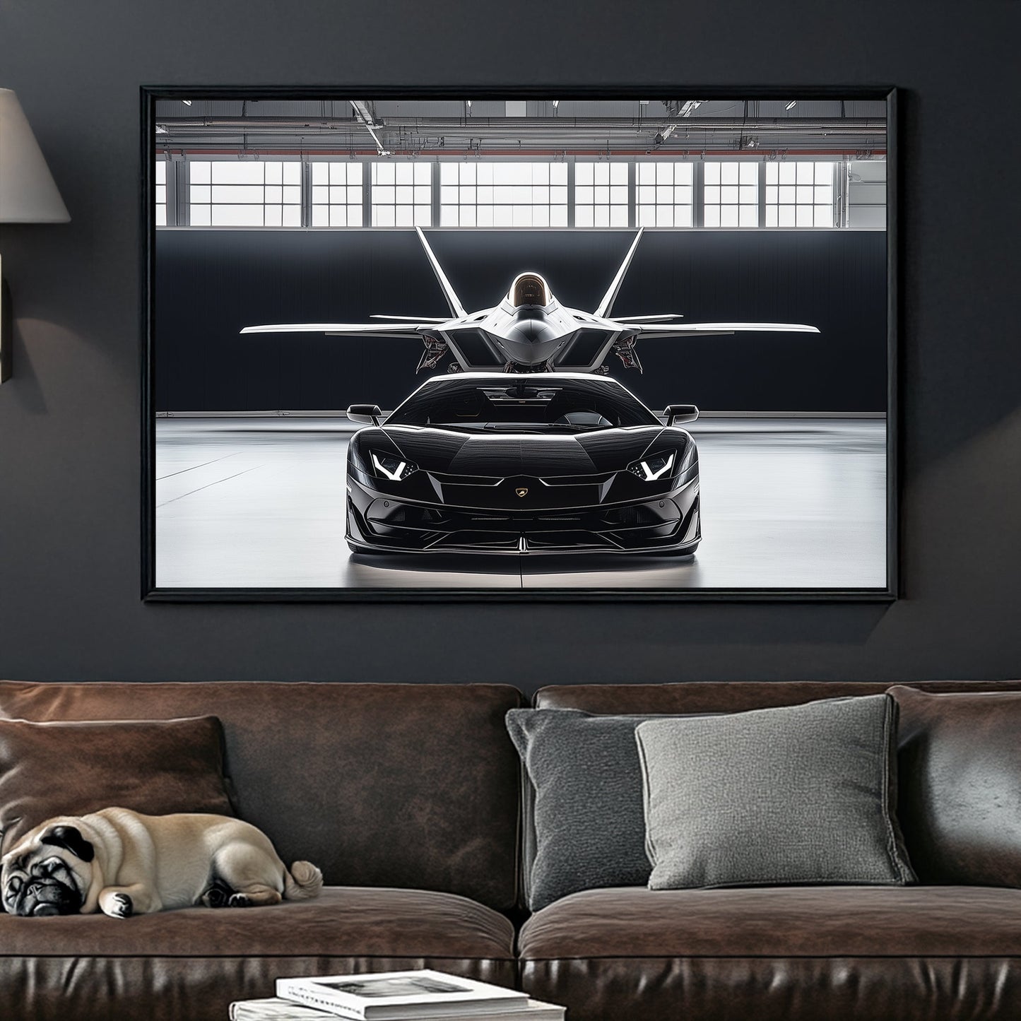 A hyper-realistic digital wall art print of a black Lamborghini and a stealth fighter jet perfectly aligned in an industrial hangar, emphasizing speed, power, and precision