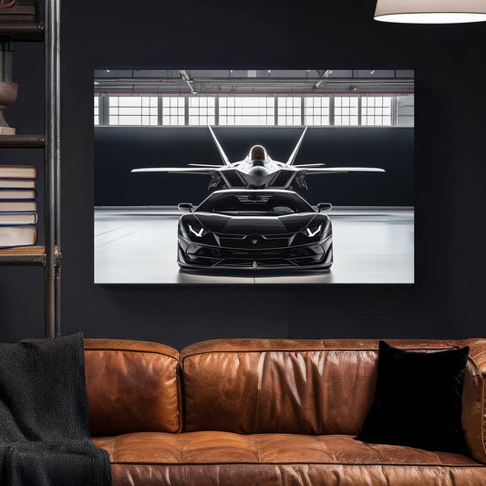 A hyper-realistic digital wall art print of a black Lamborghini and a stealth fighter jet perfectly aligned in an industrial hangar, emphasizing speed, power, and precision