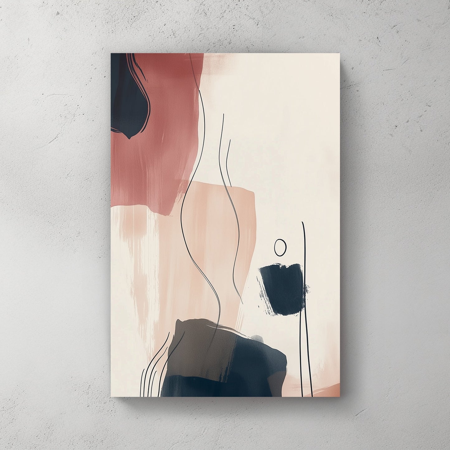 A minimalist abstract wall art print with soft beige, terracotta, and navy brushstrokes, enhanced by fluid line work and organic shapes for a sophisticated, calming aesthetic