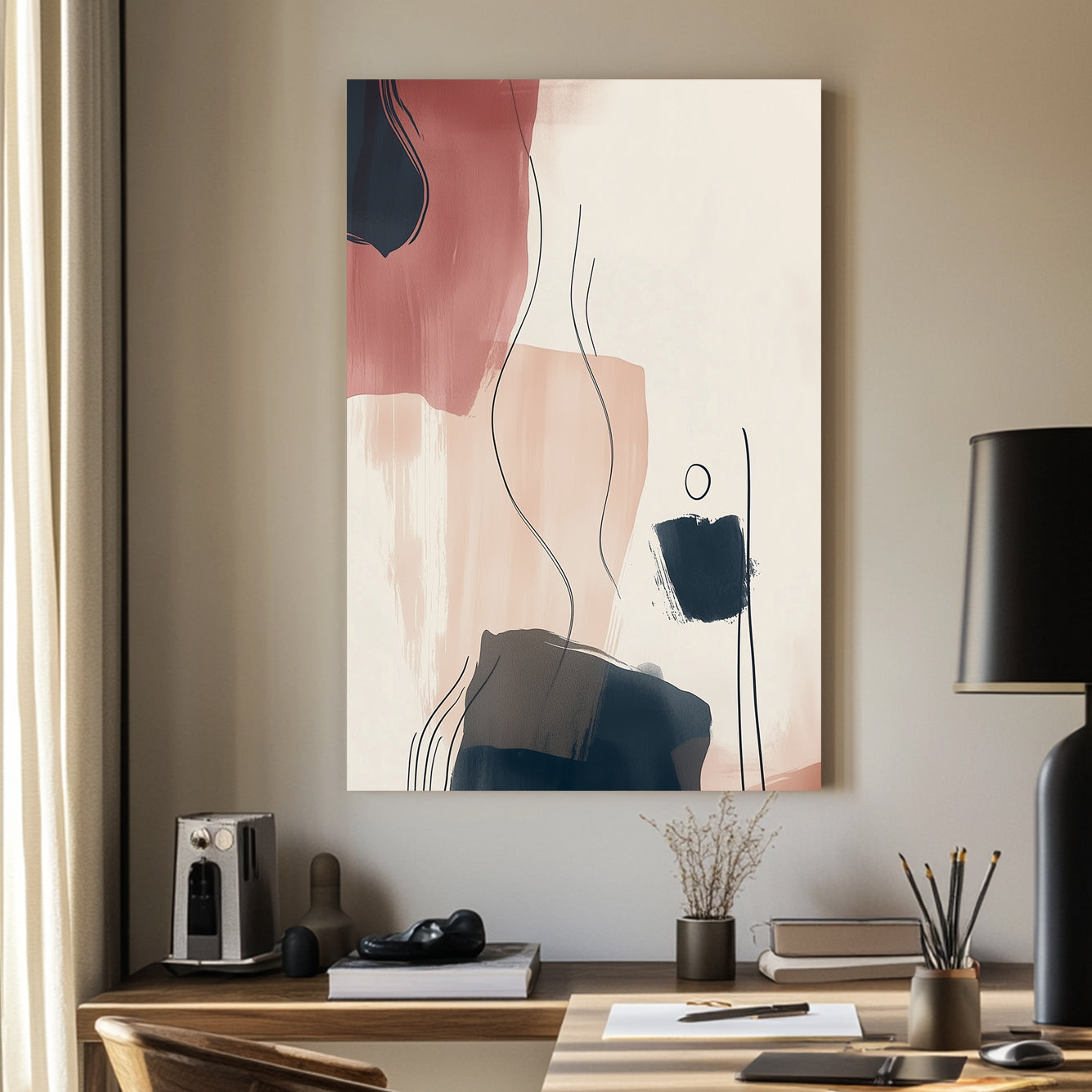 A minimalist abstract wall art print with soft beige, terracotta, and navy brushstrokes, enhanced by fluid line work and organic shapes for a sophisticated, calming aesthetic