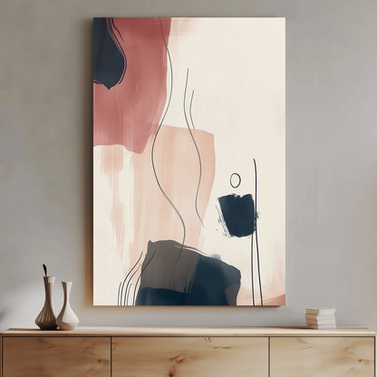 A minimalist abstract wall art print with soft beige, terracotta, and navy brushstrokes, enhanced by fluid line work and organic shapes for a sophisticated, calming aesthetic