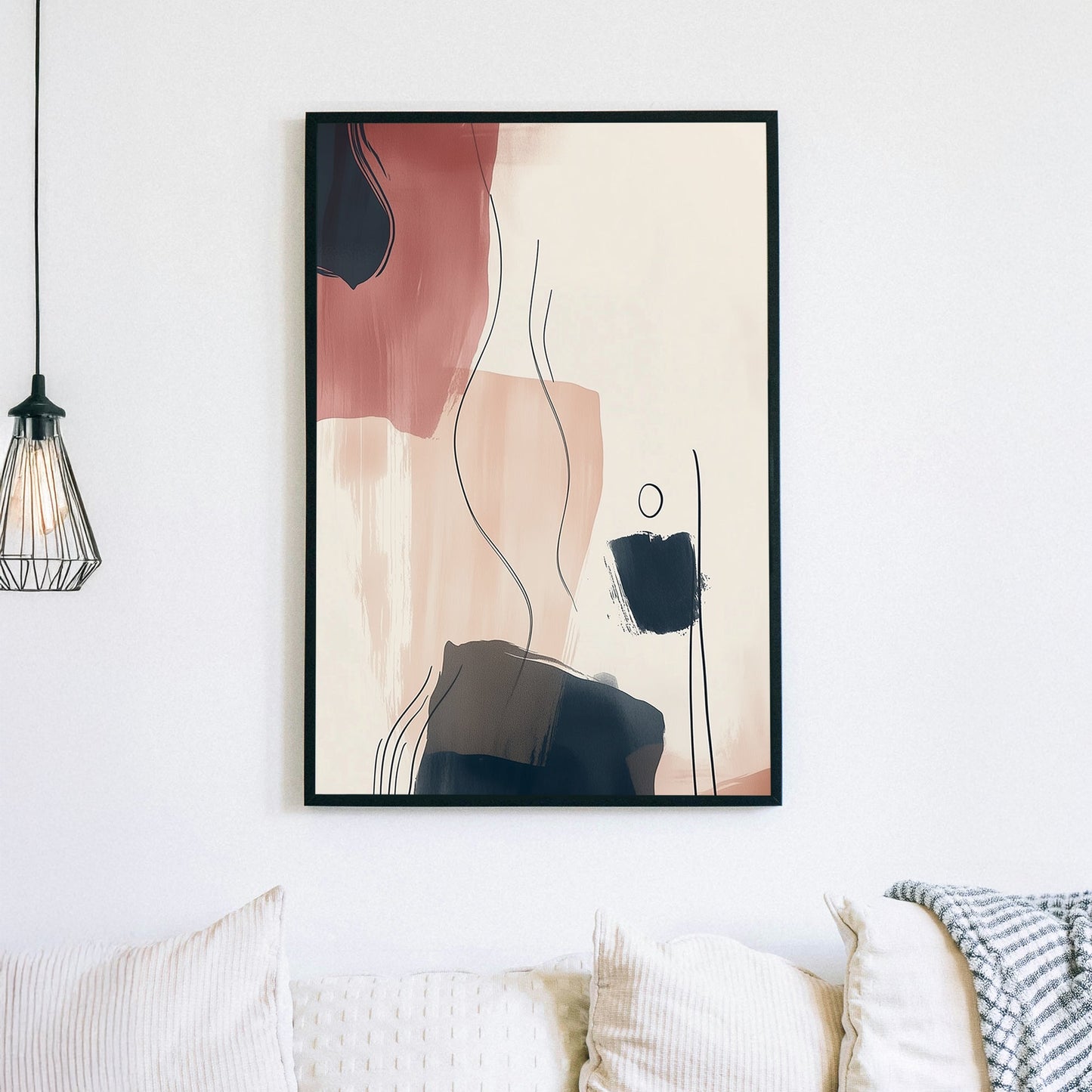 A minimalist abstract wall art print with soft beige, terracotta, and navy brushstrokes, enhanced by fluid line work and organic shapes for a sophisticated, calming aesthetic