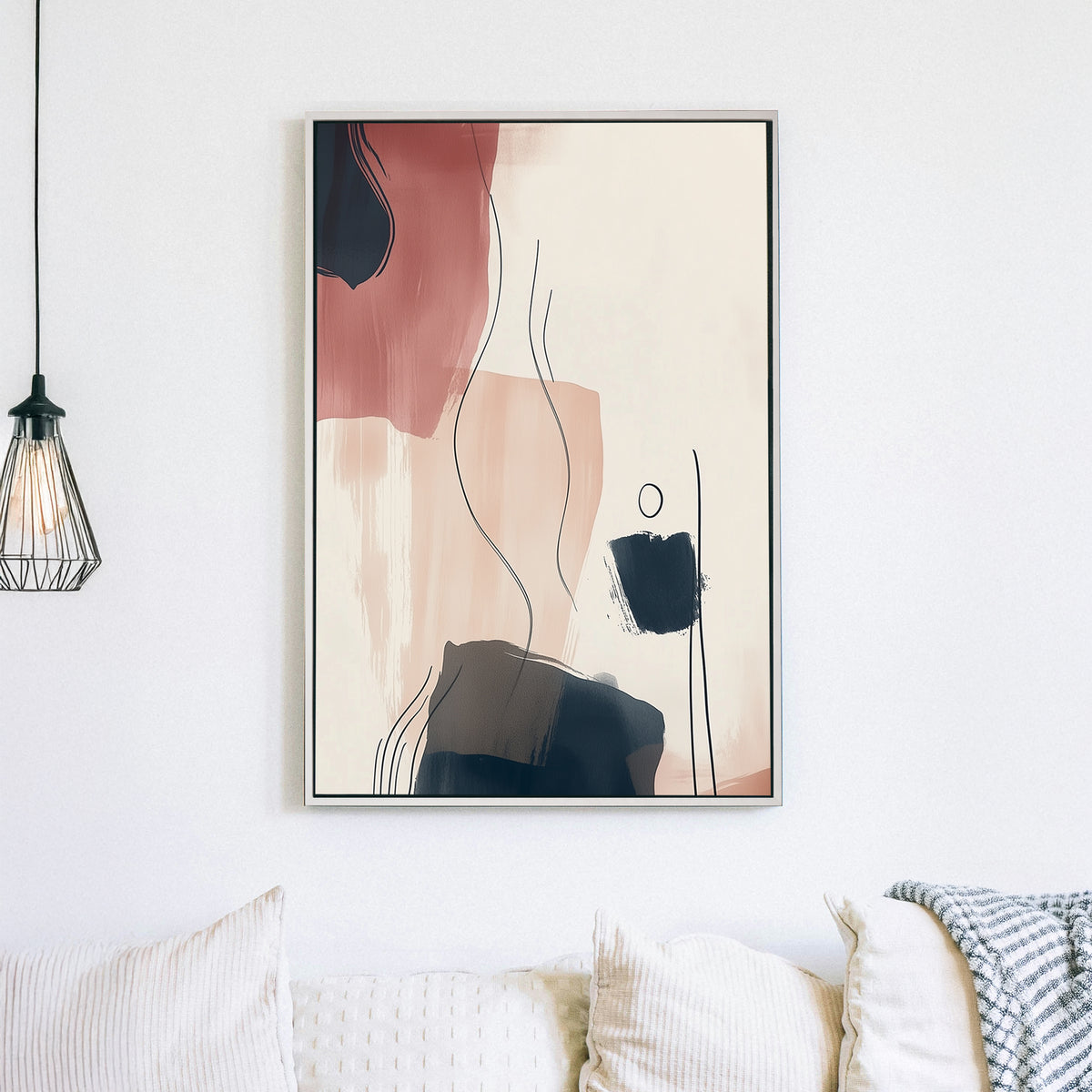 A minimalist abstract wall art print with soft beige, terracotta, and navy brushstrokes, enhanced by fluid line work and organic shapes for a sophisticated, calming aesthetic