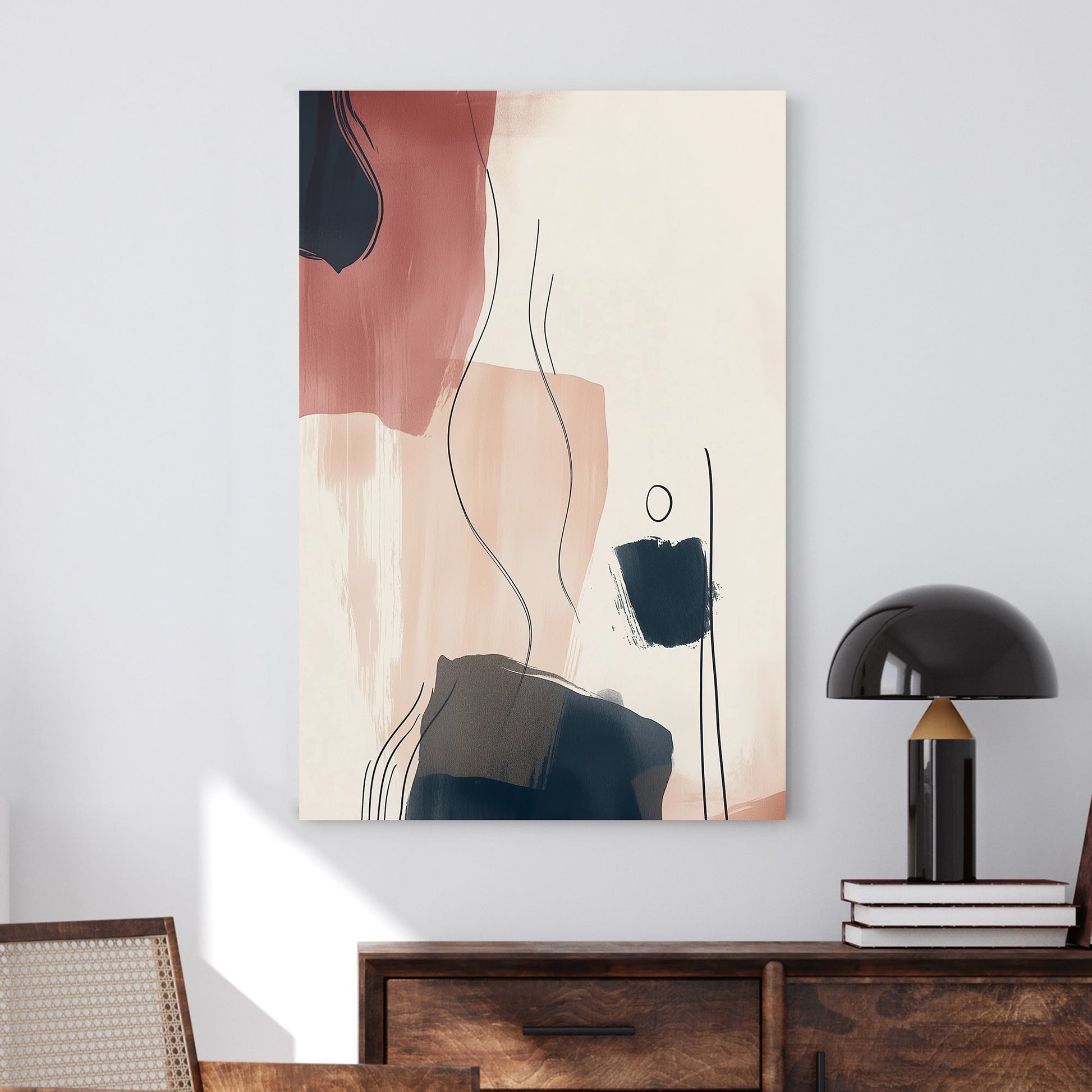 A minimalist abstract wall art print with soft beige, terracotta, and navy brushstrokes, enhanced by fluid line work and organic shapes for a sophisticated, calming aesthetic