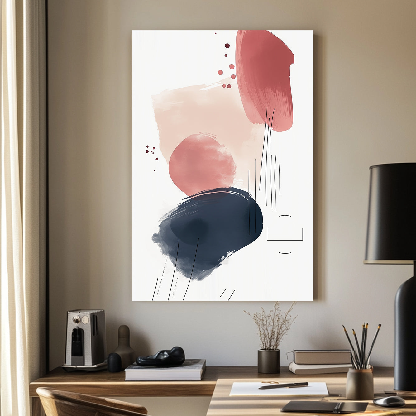 A contemporary abstract wall art print featuring beige, terracotta, and navy brushstrokes with linear accents, adding a modern and stylish touch to any space