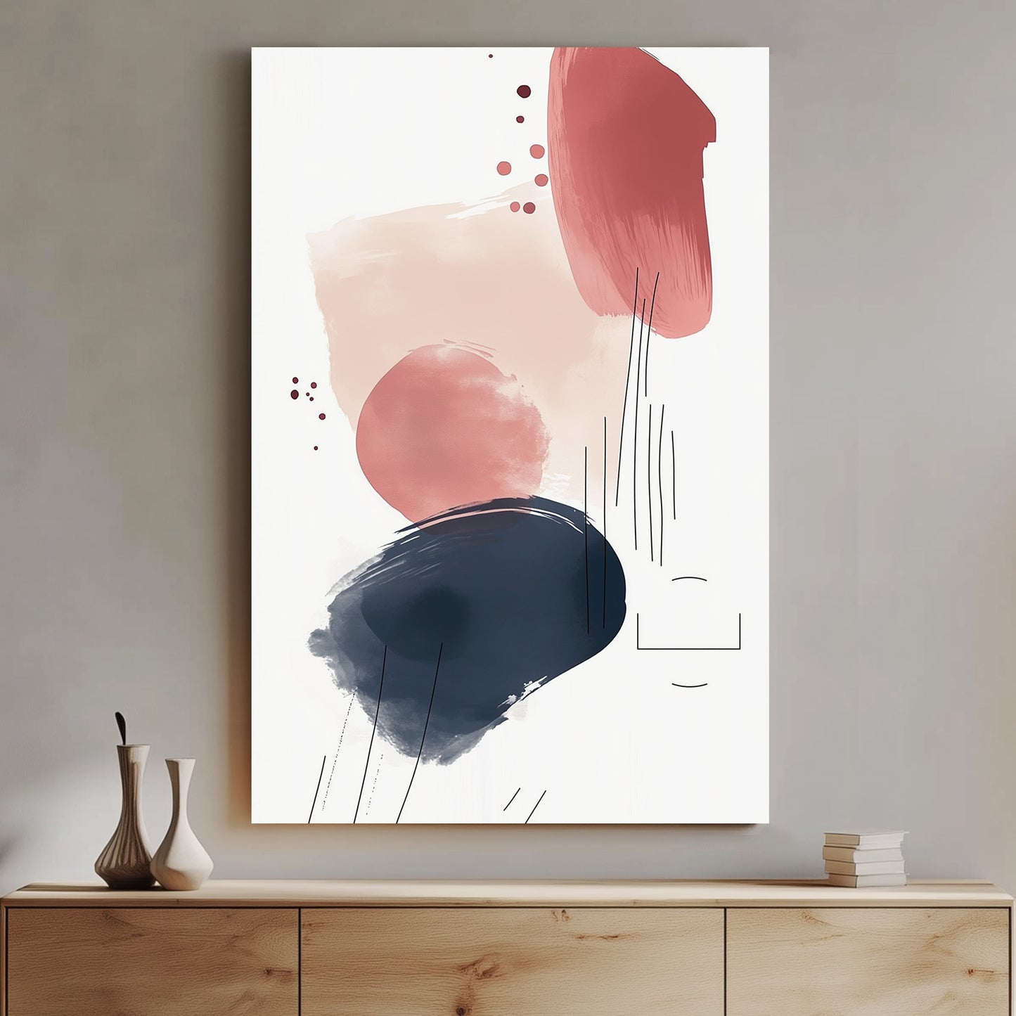 A contemporary abstract wall art print featuring beige, terracotta, and navy brushstrokes with linear accents, adding a modern and stylish touch to any space