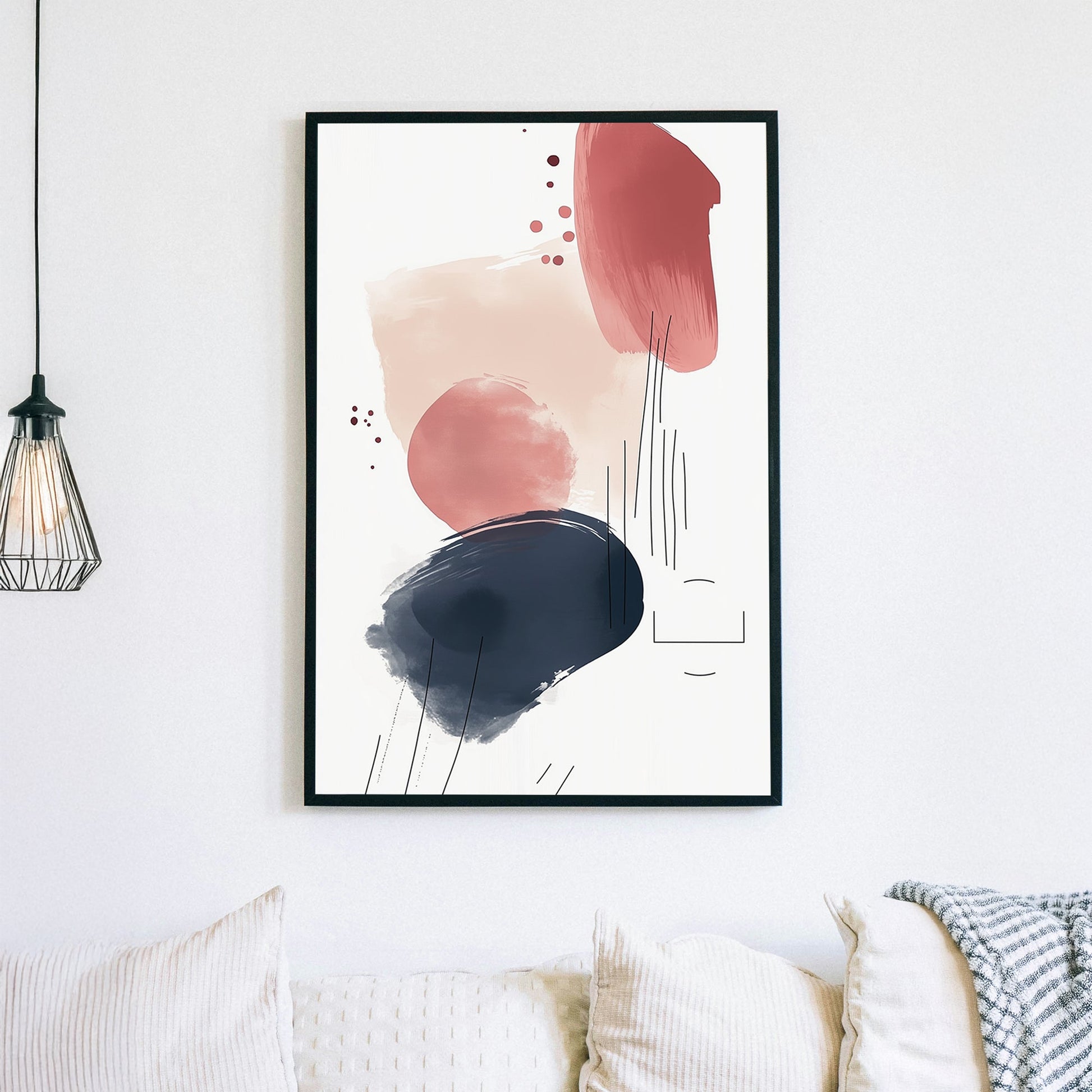 A contemporary abstract wall art print featuring beige, terracotta, and navy brushstrokes with linear accents, adding a modern and stylish touch to any space