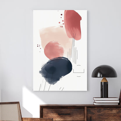 A contemporary abstract wall art print featuring beige, terracotta, and navy brushstrokes with linear accents, adding a modern and stylish touch to any space