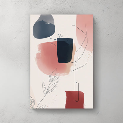 A modern abstract wall art print featuring navy, beige, and terracotta brushstrokes with fine linear botanical details, creating a serene and sophisticated aesthetic