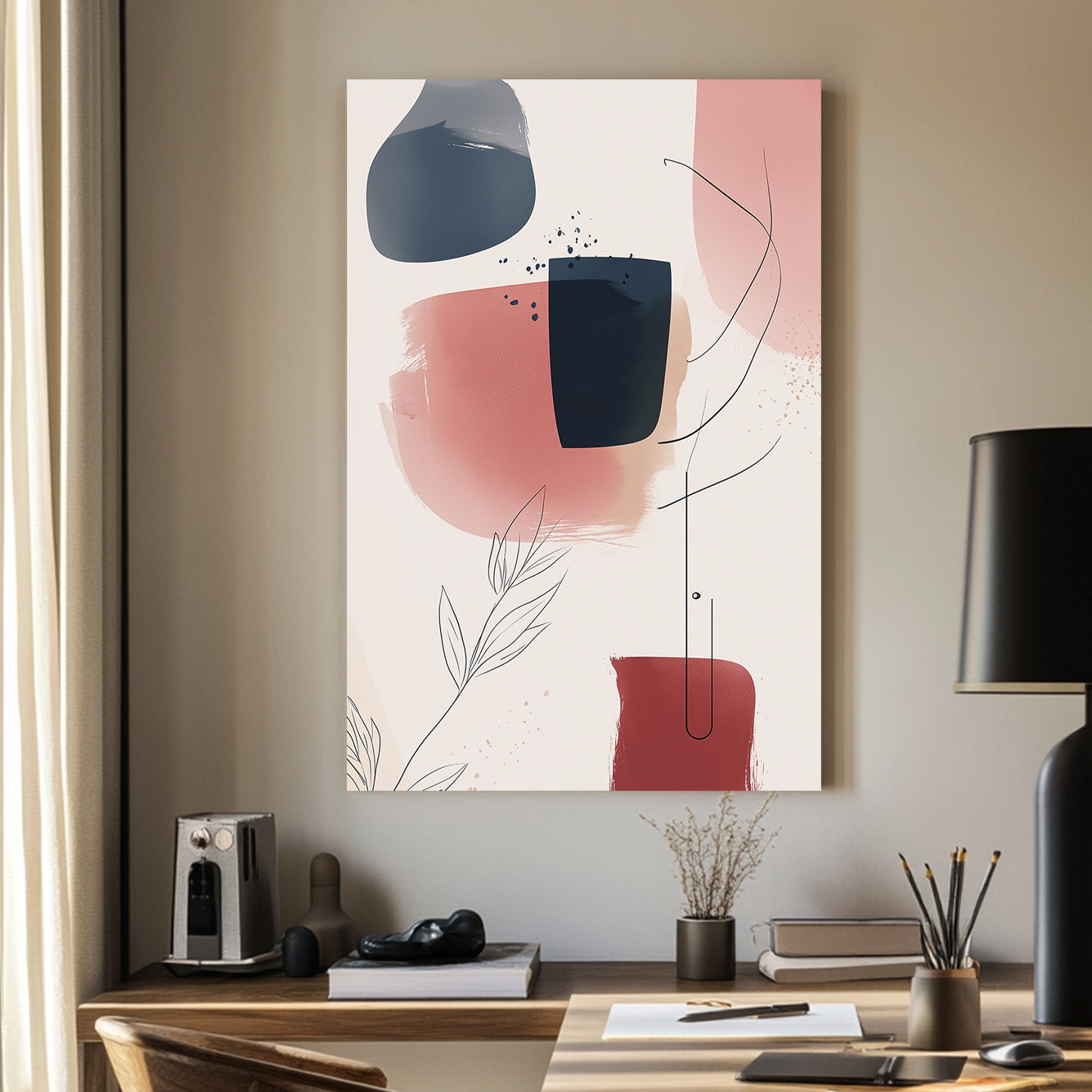 A modern abstract wall art print featuring navy, beige, and terracotta brushstrokes with fine linear botanical details, creating a serene and sophisticated aesthetic