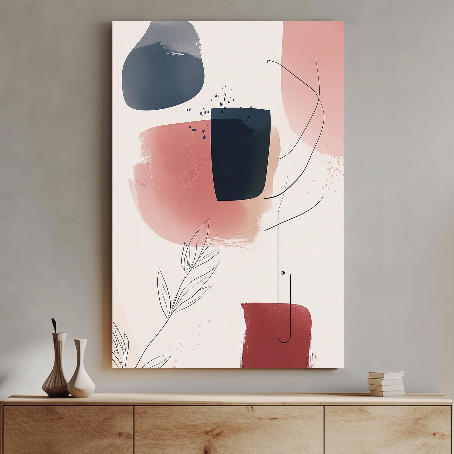 A modern abstract wall art print featuring navy, beige, and terracotta brushstrokes with fine linear botanical details, creating a serene and sophisticated aesthetic