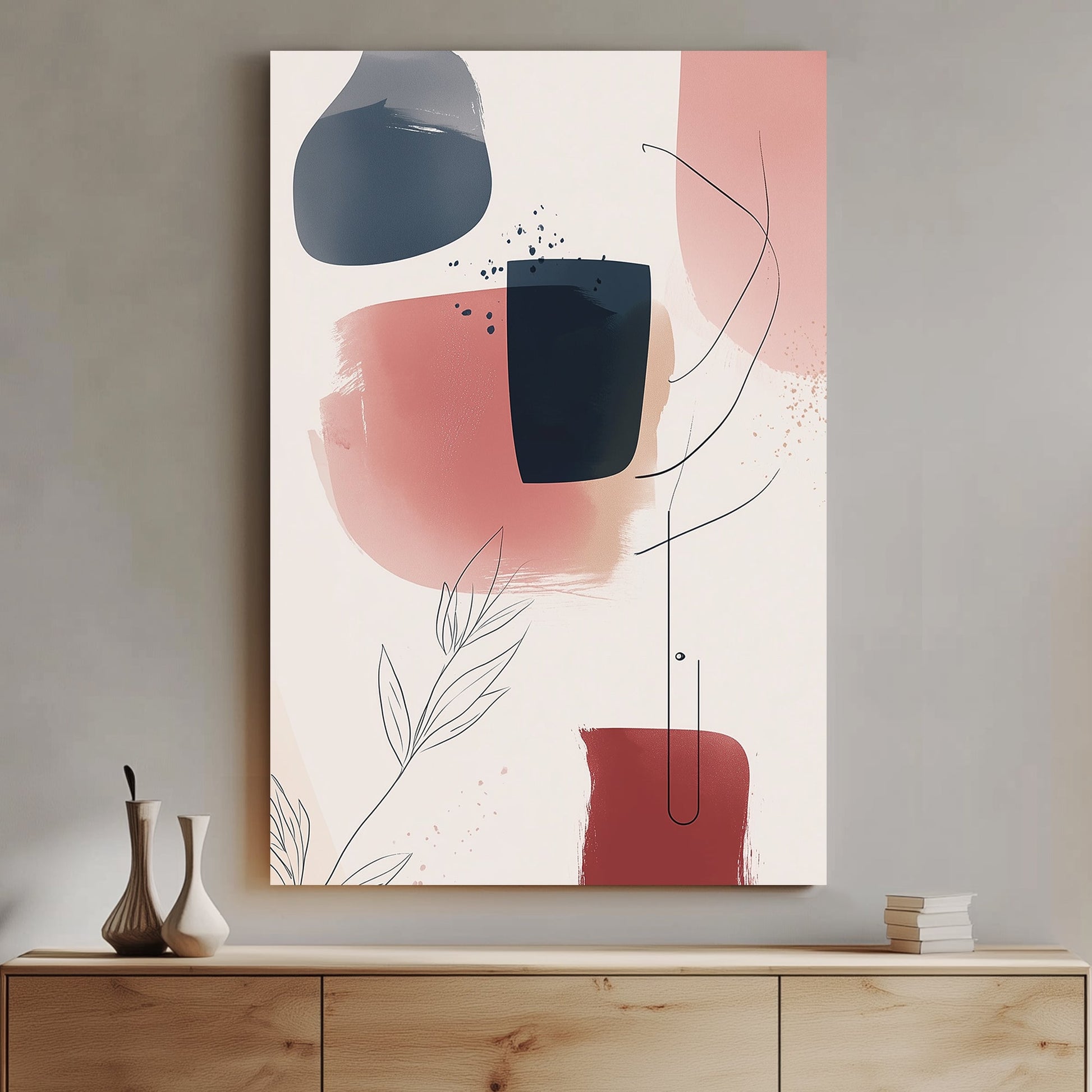 A modern abstract wall art print featuring navy, beige, and terracotta brushstrokes with fine linear botanical details, creating a serene and sophisticated aesthetic