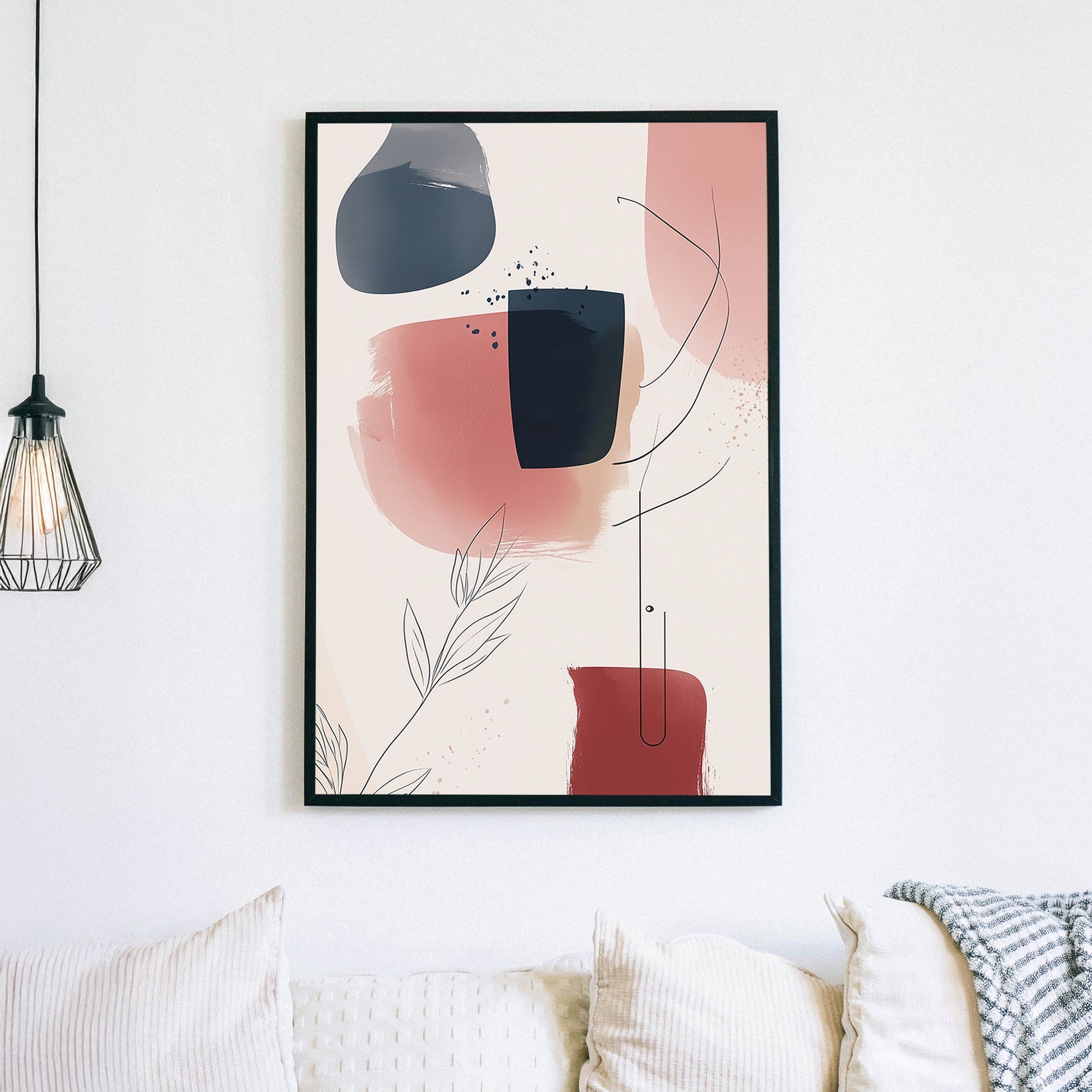 A modern abstract wall art print featuring navy, beige, and terracotta brushstrokes with fine linear botanical details, creating a serene and sophisticated aesthetic